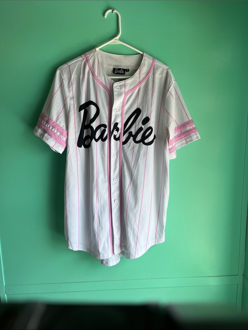 Barbie White & Pink Pinstripe Baseball Jersey with Black Logo